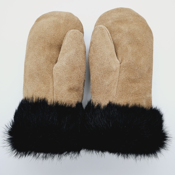HANDMADE | suede leather fur trimmed plush lined winter mits mittens - Picture 3 of 7